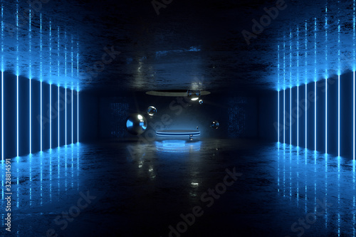 3D render, abstract blue neon background, podium, reflection, virtual reality ultraviolet light. Copy space.