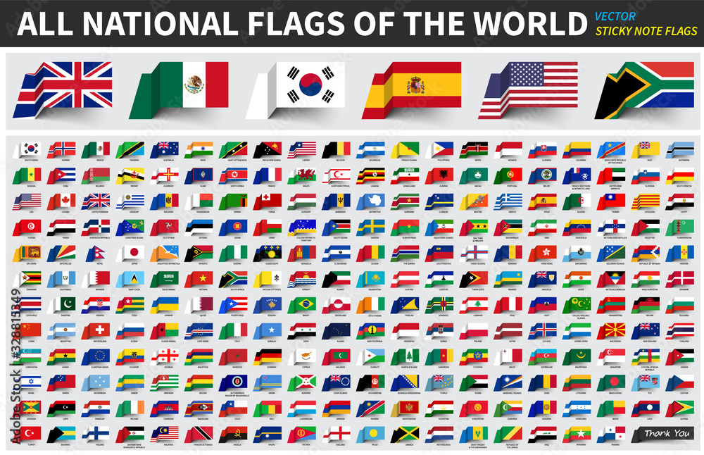 Fototapeta All official national flags of the world . Sticky note design . Vector .