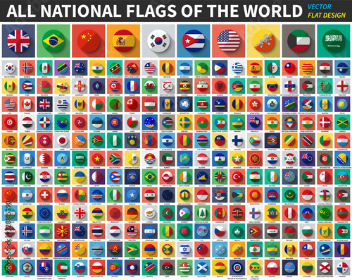All national flags of the world . Flat color and long shadow design . Vector .
