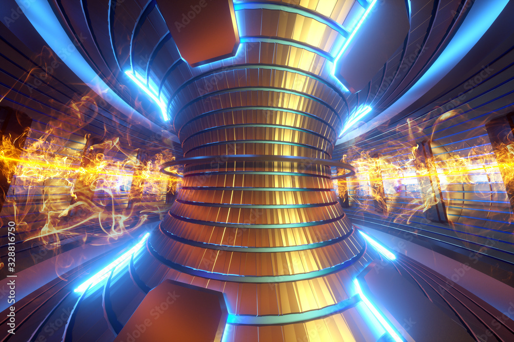 3D Render fusion reactor nuclear fusion, tokamak inside heated plasma,  toroidal shape, clean energy. Copy space ilustración de Stock | Adobe Stock