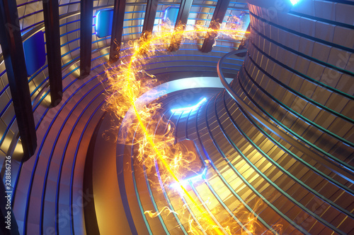 3D Render fusion reactor nuclear fusion, tokamak inside heated plasma, toroidal shape, clean energy. Copy space photo