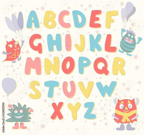 Alphabet poster with cute monsters. Art for kids. Vector illustration.