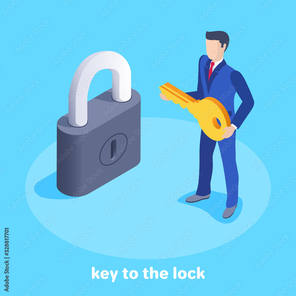 isometric vector image on a blue background, a man in a business suit with a golden key stands near a large black padlock, key to the lock isometric vector image on a blue background, a man in a business suit with a golden key stands near a large black padlock, key to the lock