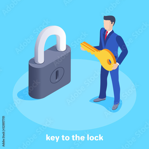 isometric vector image on a blue background, a man in a business suit with a golden key stands near a large black padlock, key to the lock