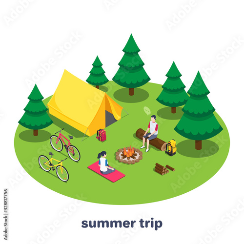 isometric vector image on a white background  a man and a woman on a campsite are sitting by the fire and tents in the forest  a bike trip or a summer trip
