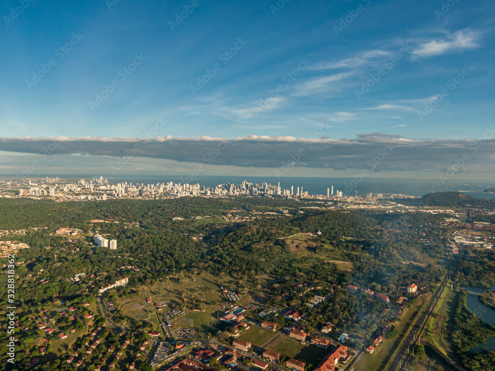 Beautiful aerial view of the Beautiful aerial view of the Panama Channel on the Sunset