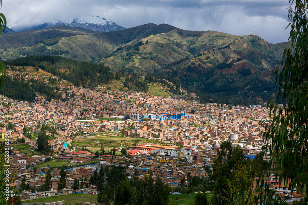 Panoramic view of Huaraz city with the White Range in the background, Ancash, Peru