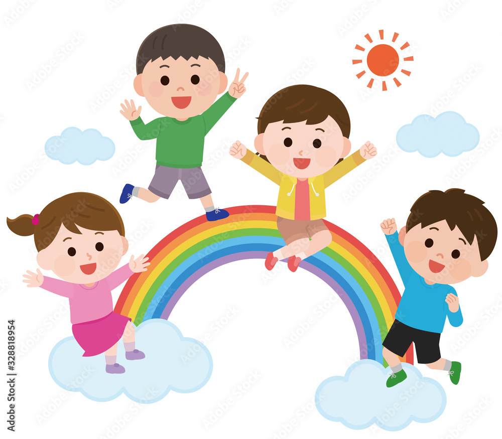 虹の上で遊ぶ　子供たち　イラスト