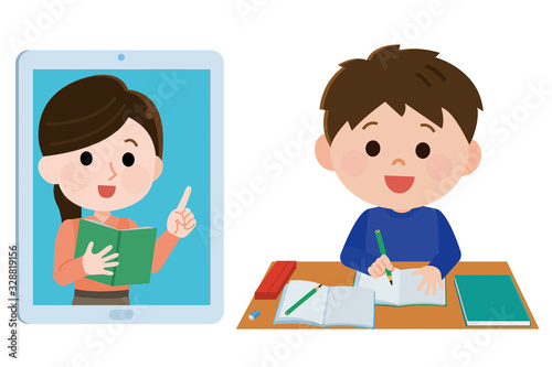 オンライン　インターネット　学習　男の子　イラスト