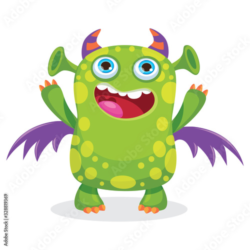 Cute Funny Green Monster Vector Illustration. Cartoon Mascot On A White Background. Design for print, party decoration, t-shirt, illustration, logo, emblem or sticker.