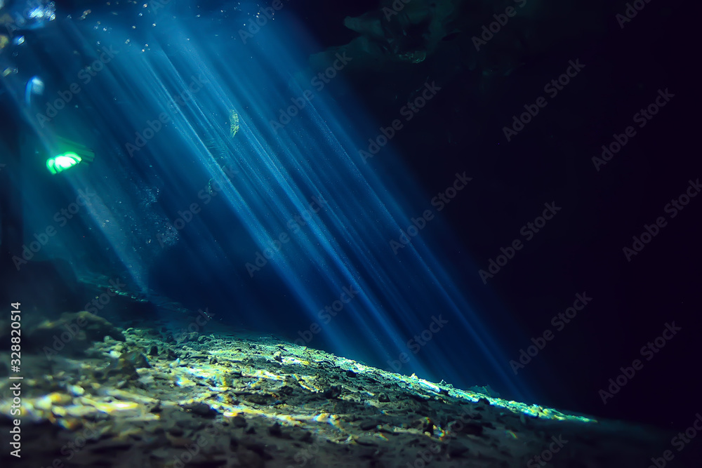 rays of light underwater fresh lake, abstract background nature landscape sun water