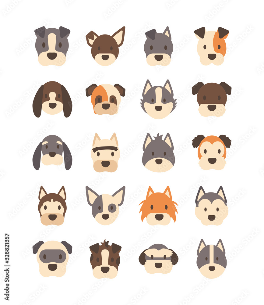 set of icons of faces different breeds of dogs