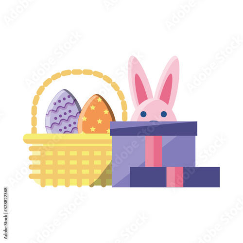 cute rabbit in basket on white background