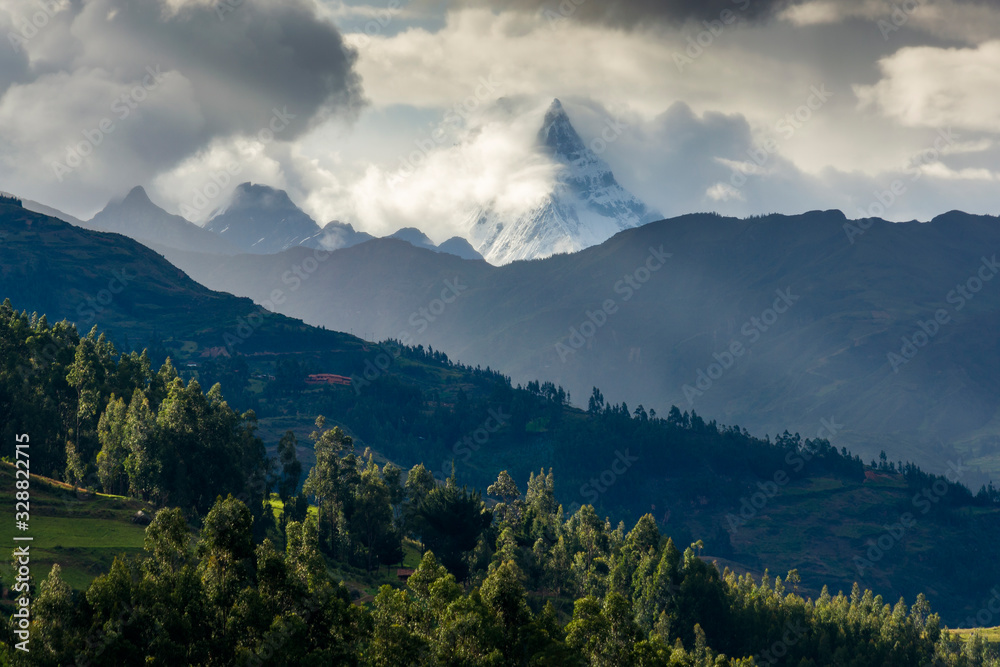 Panoramic view of Chacraraju peak from San Luis town at a cloudy day in Ancash Region, Peru Panoramic view of Chacraraju peak from San Luis town at a cloudy day in Ancash Region, Peru