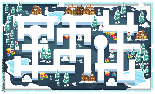 Map Snow Frozen Christmas Theme Style with Path and Christmas Tree, Snowman, House and Christmas present for 2D Game Platformer Vector Illustration