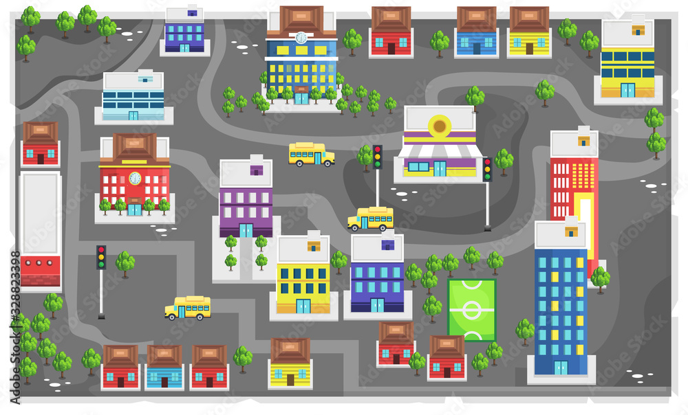 Map Modern City landscape with Home, School Building, Bus School, Tower Building and soccer field for Vector Illustration Design Ideas