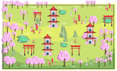 Map Sakura Japanese Landscape Theme with Home, Fish Pond and Japanese Style Ornament for Vector Illustration Design Ideas