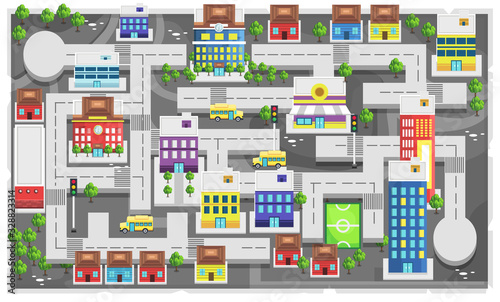 Map Modern City with path and Home, School Building, Bus School, Tower Building and soccer field for 2D Game Platformer Vector Illustration