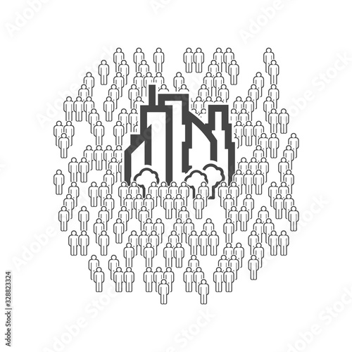 Residents of the big city. Crowd of people around skyscrapers icons. Vector illustration