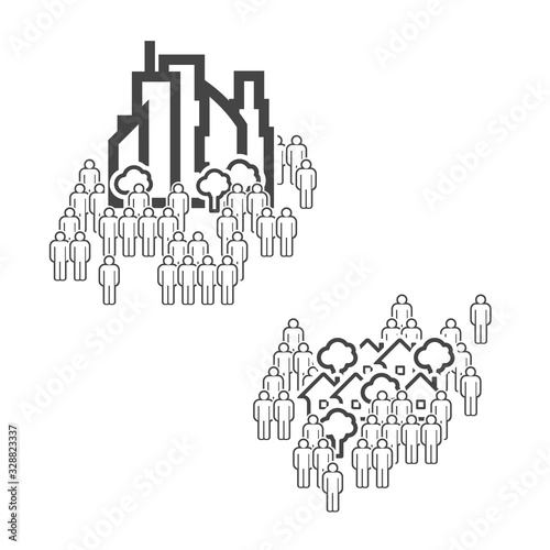 The population of the big city and the population of the suburbs vector line icons