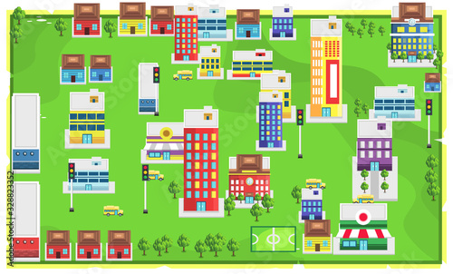 Map Green Modern City landscape with Home, School Building, Bus School, Tower Building and soccer field for Vector Illustration Design Ideas