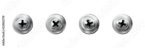 Set Self-tapping screw with a press washer galvanized. Metal screws heads, silver, grey textured bolt caps isolated on white background. Objects top view, hats metalwares. Vector illustration.