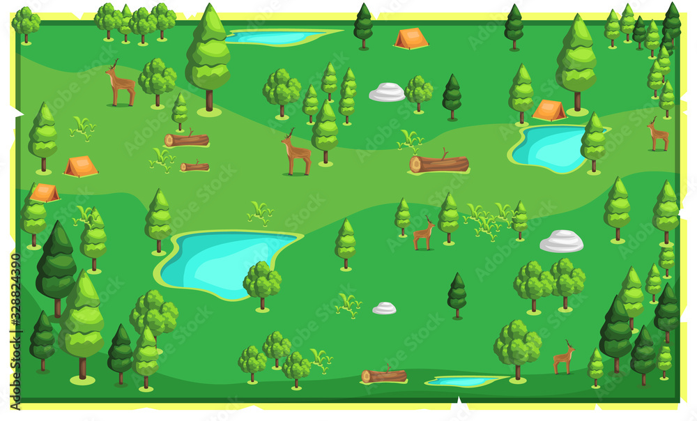 Naklejka Mapa Zielona Góra Natura Krajobraz z dużymi drzewami, namiotami kempingowymi, drewnem, jeleniem i jeziorem wodnym dla pomysłów na projekt ilustracji wektorowych