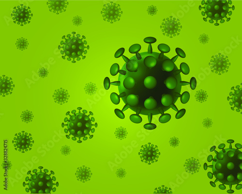 3d red virus with circle and acute shape in green fluid. health care vector illustration concept