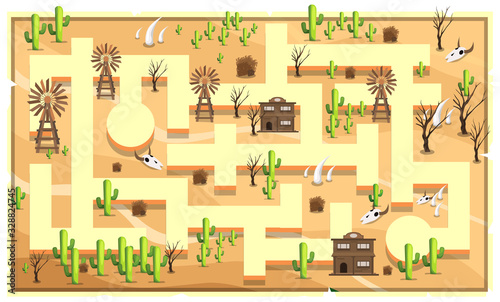 Map Desert sahara with path and cactus, vintage building, animal bones and windmill for 2D Game Platformer Vector Illustration
