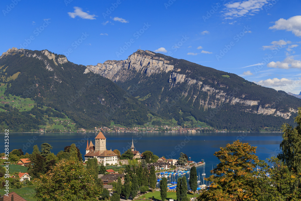 Natural landscapes of lakes, mountain and small town in Interlaken, Switzerland