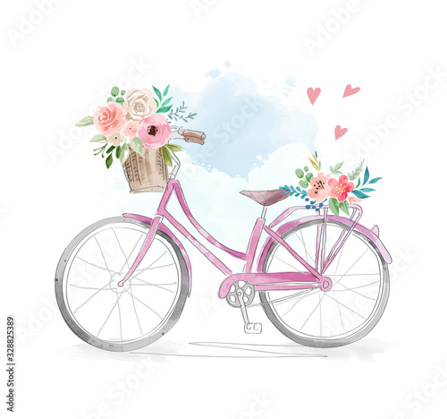 Watercolor Bicycle with Flowers in Basket illustration