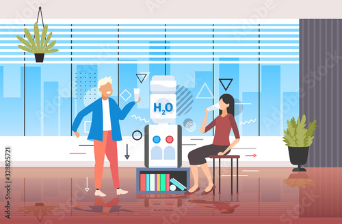 man woman drinking water near cooler colleagues couple refreshing during break time concept modern office interior horizontal full length vector illustration