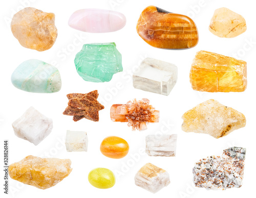set of various Calcite gemstones isolated on white photo
