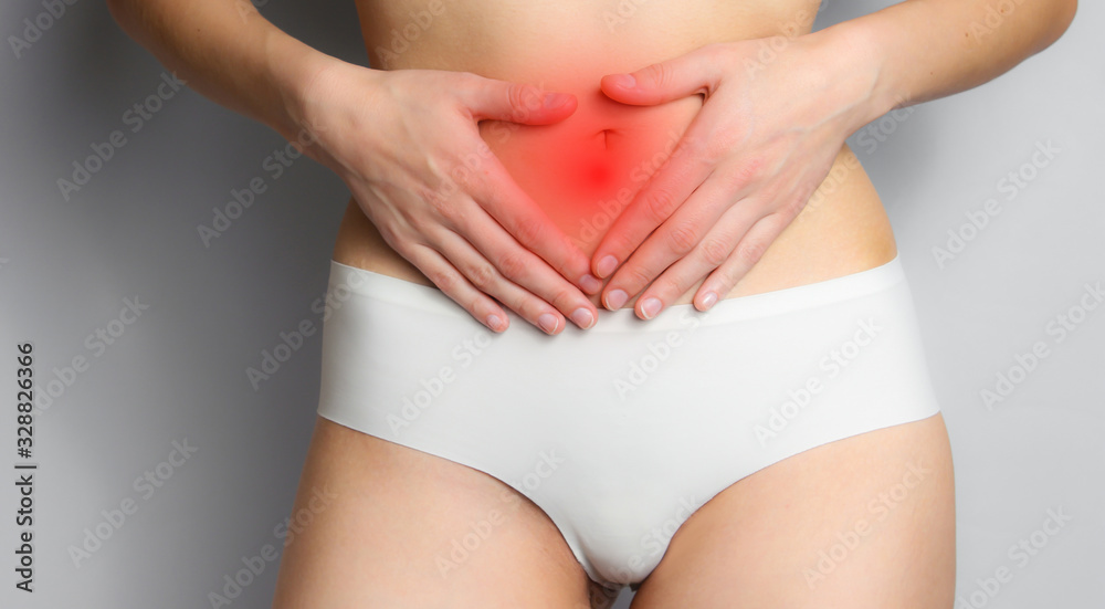 custom made wallpaper toronto digitalAbdominal pain, inflammation. Woman holding belly, menstruation