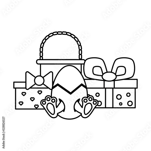 easter egg with basket and gifts on white background