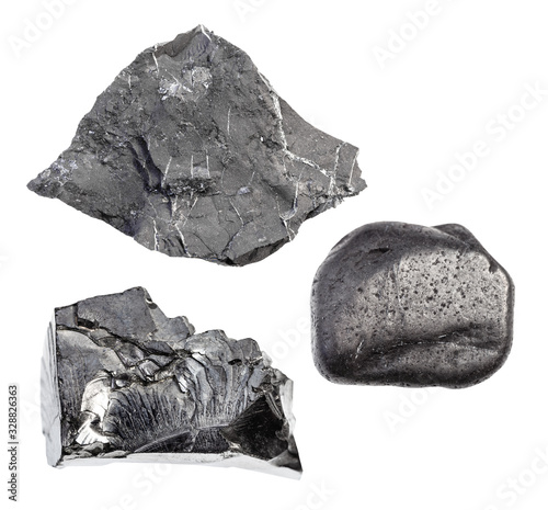 set of various Shungite rocks isolated on white photo