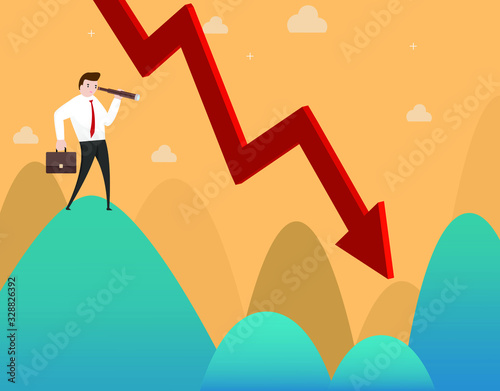 Businessman with spyglass look down the red graph. Concept of bankruptcy, failure, recession, crisis, target, goal, vision and financial losses on stock exchange market.