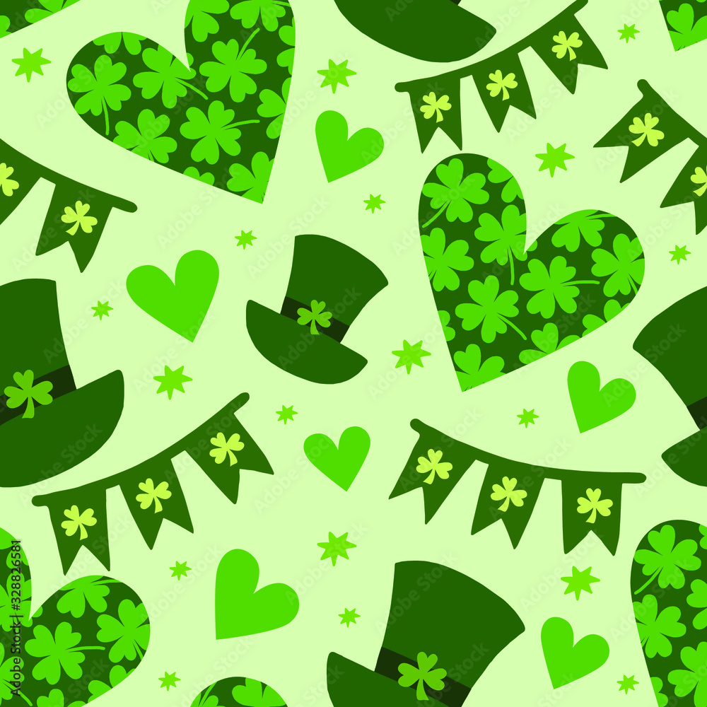 Vector seamless pattern with clover leaves. Suitable for St. Patrick's Day or spring design. For the design of fabric, wrapping paper, wallpaper. Vector seamless pattern with clover leaves. Suitable for St. Patrick's Day or spring design. For the design of fabric, wrapping paper, wallpaper.