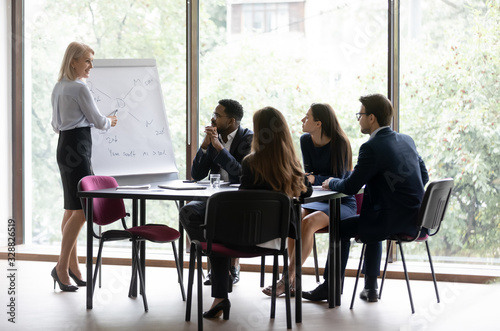 Middle-aged confident businesswoman head company meeting present business project on flip chart in boardroom, concentrated female coach or tutor make whiteboard presentation for multiracial coworkers