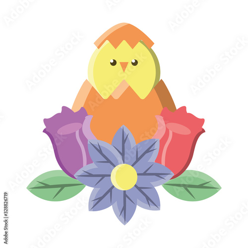 chick in easter egg with flowers on white background
