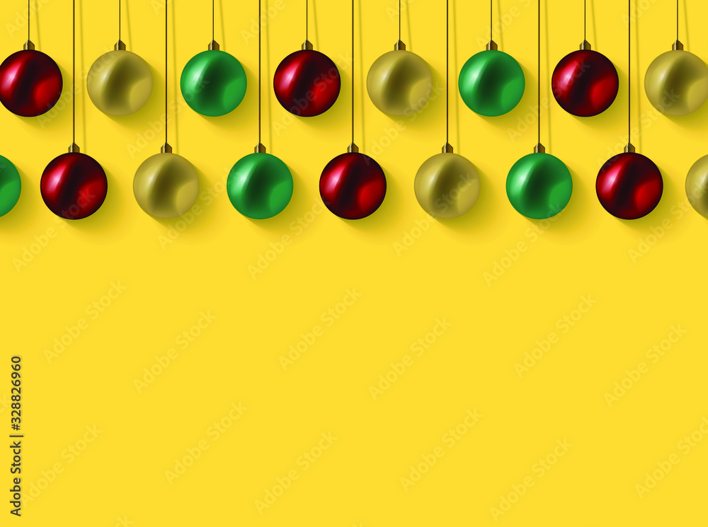 Christmas composition banner. Xmas design background with realistic gift box, glitter gold confetti, red ball decoration and candy. Top view horizontal poster with copy space. Flat lay greeting card. Christmas composition banner. Xmas design background with realistic gift box, glitter gold confetti, red ball decoration and candy. Top view horizontal poster with copy space. Flat lay greeting card.
