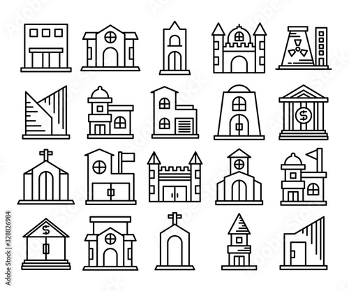 building, house, city line icons set