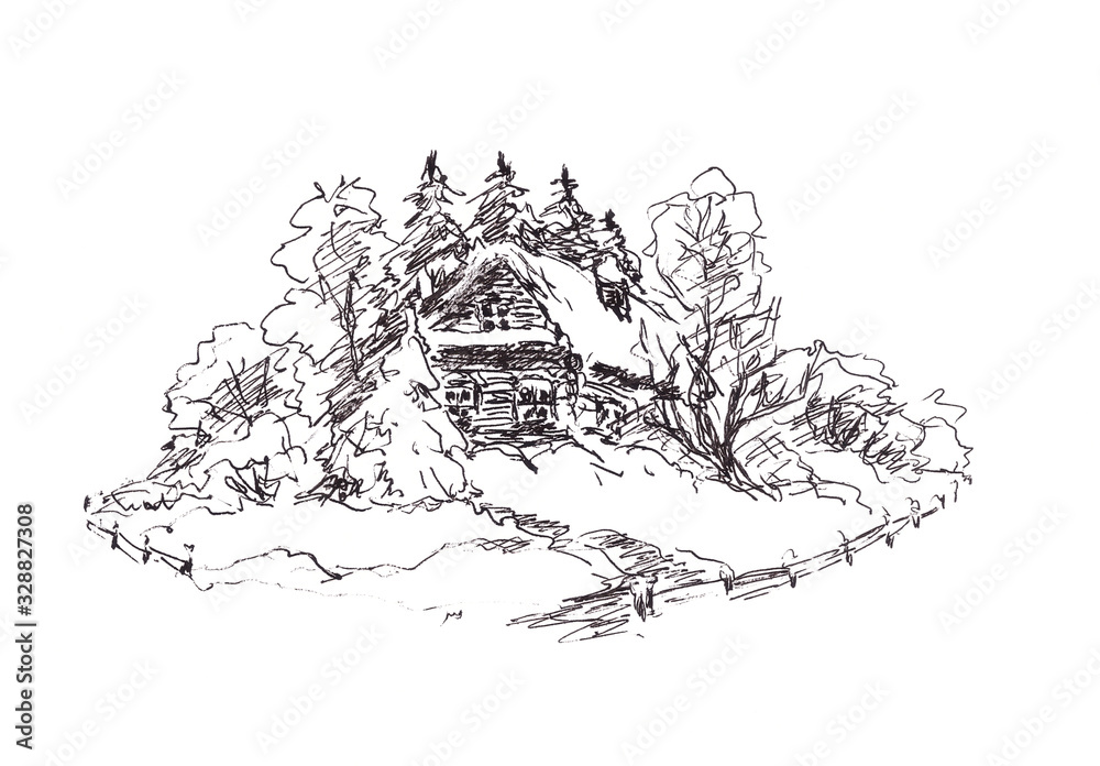graphic black and white sketch of a rural house surrounded by trees