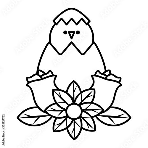 chick in easter egg with flowers on white background