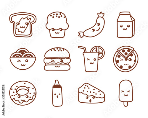 set of icons kawaii food , line style icon