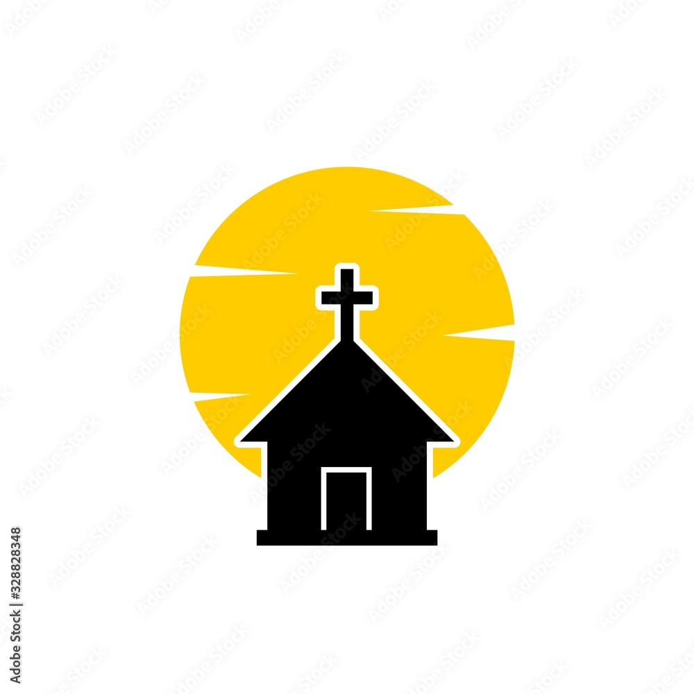 Church with cross on a sun background.  Church logo. Christian cross icon