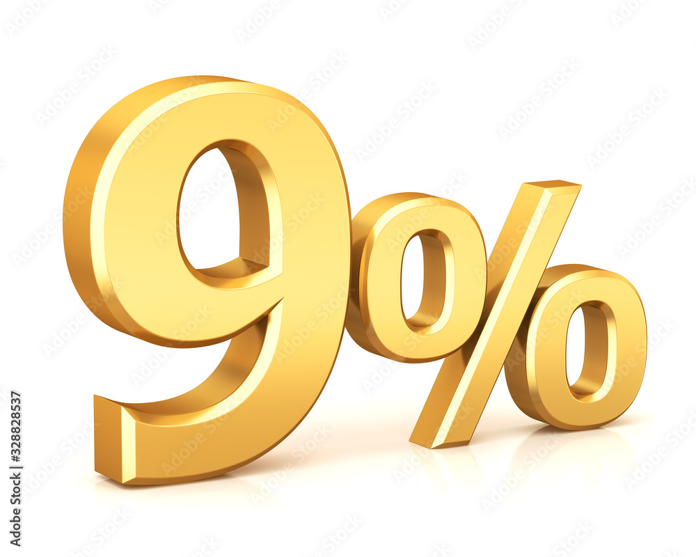 3d render illustration. Golden nine percent on a white background. 3d render illustration. Golden nine percent on a white background.