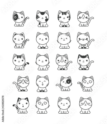 set of cute cats on white background, line style icon