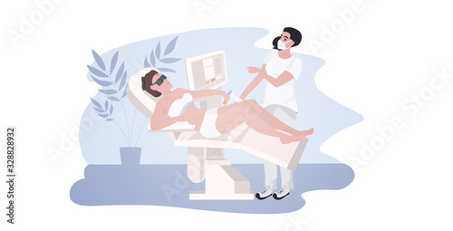 beautician giving epilation laser treatment to woman young girl receiving hair removal procedure at spa salon cosmetology skin beauty care concept horizontal full length vector illustration