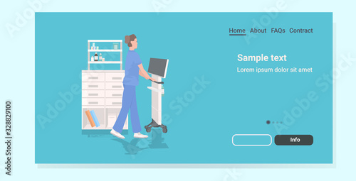 nurse using medical equipment doctor in uniform female hospital worker full length copy space horizontal vector illustration